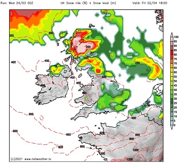 UK snow forecast: By 6pm parts of northern England are covered by a snow risk of up to 85 percent (Image: Netweather) 5901-uk-263-2