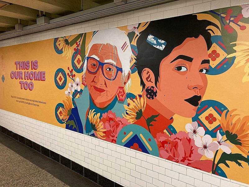 Posters against racism towards Asian Americans, by artist Amanda Phingbodhipakkiya, are seen at the subway station at Barclays Center in Brooklyn, Jan. 1 STRF/STAR MAX/IPx 2816-asian-14