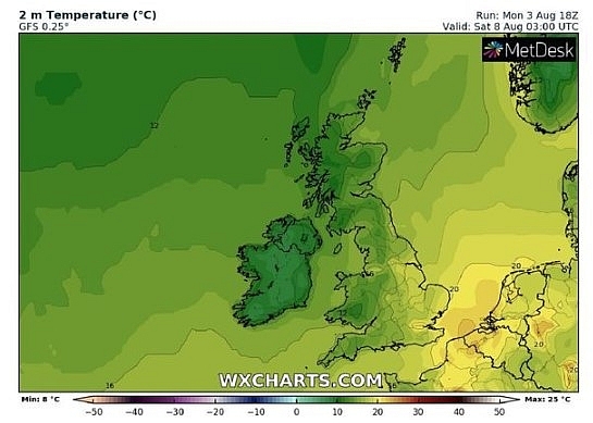 UK temperature chart over last weekend. Temperatures are set to soar this week. (Image: WXCHARTS) 0453 uk 128 3