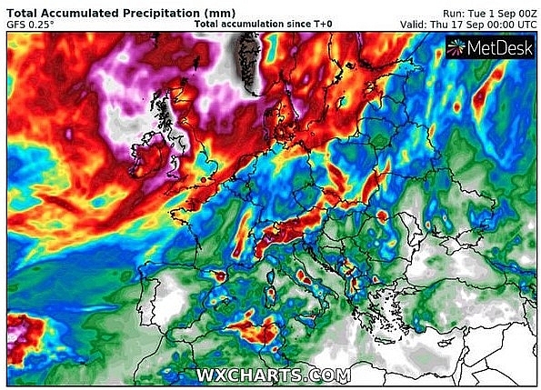 Met Office weather warning: High rainfall totals are expected over some parts of the UK over the coming days (Image: WXCHARTS) 0749 uk 29 1