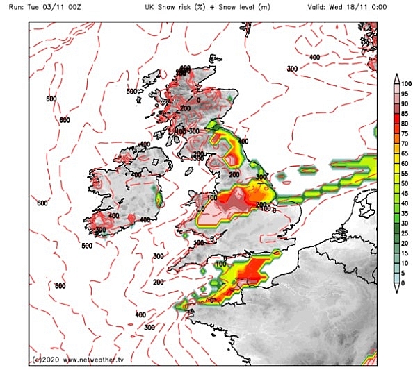 UK snow forecast: The snow showers are expected to come in from the east (Image: Netweather) 2014 uk 511 1