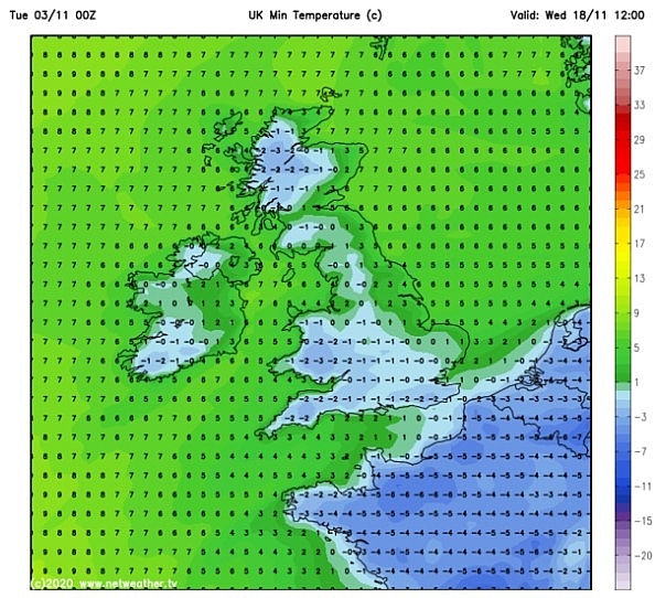 UK snow forecast: Temperatures are set to plunge to -2C in the south of England (Image: Netweather) 2104 uk 511 2
