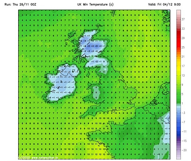 UK snow forecast: Weather charts show temperatures will start to plunge from late next week (Image: Netweather) 4347 uk 2811 1
