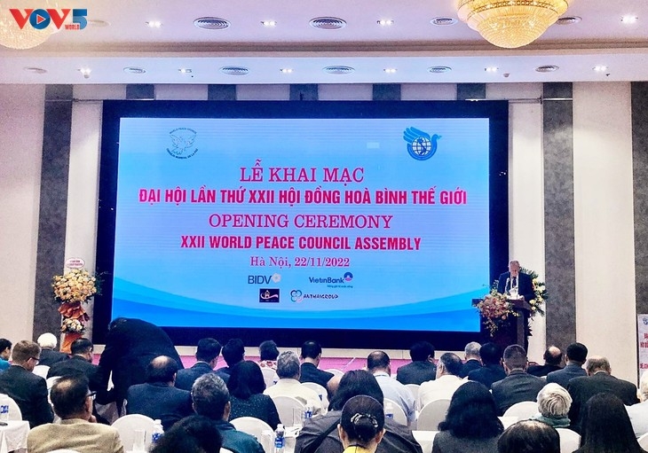 ພິທີໄຂກອງປະຊຸມໃຫຍ່ຄັ້ງທີ 22 ສະພາສັນຕິພາບໂລກ (ພາບ: VOV5) ພິທີໄຂກອງປະຊຸມໃຫຍ່ຄັ້ງທີ 22 ສະພາສັນຕິພາບໂລກ (ພາບ: VOV5)