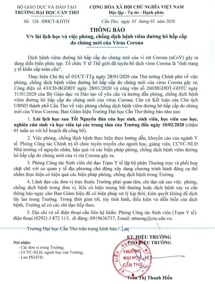 Cần Thơ cho học sinh sinh viên nghỉ thêm 1 tuần trước dịch corona can tho cho hoc sinh sinh vien nghi them 1 tuan truoc dich corona