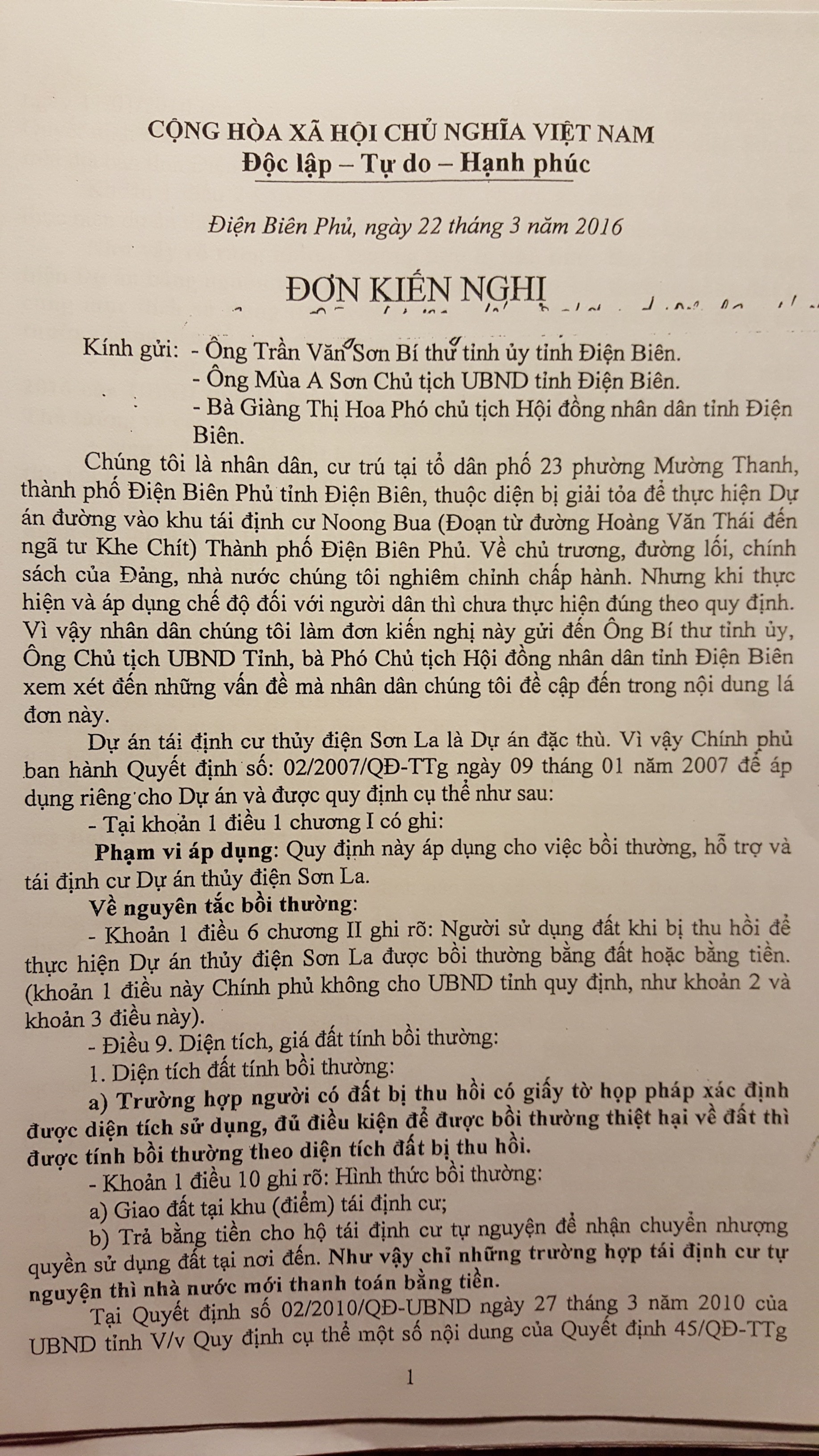 cong tac boi thuong du an tai dinh cu thuy dien son la nguoi dan dong loat keu cuu