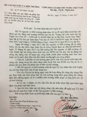 bo tai nguyen va moi truong yeu cau dung du an 1000 ty o nghe an