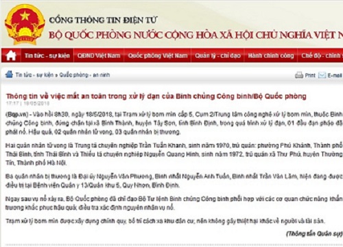 bo quoc phong thong tin vu no dan phao 5 quan nhan thuong vong