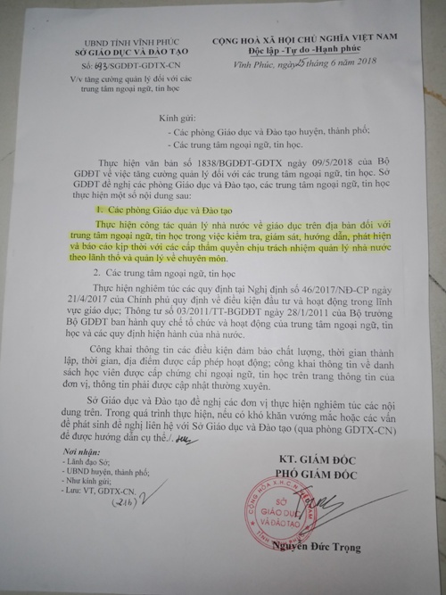 so gddt tinh vinh phuc cham kiem tra xu ly trung tam ngoai ngu ama hoat dong trai phep