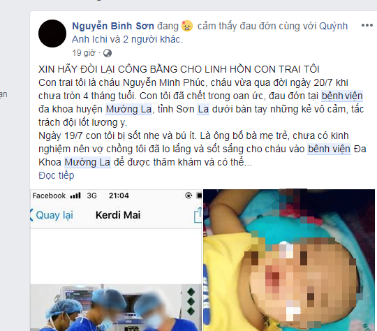 son la bo me dau don khoc ngat vi con trai 4 thang tuoi tu vong sau khi nhap vien dieu tri vi sot nhe va bieng an