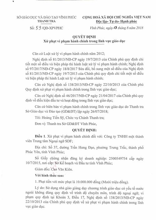 vinh phuc xu phat vi pham hanh chinh 3 trung tam ngoai ngu hoat dong trai phep