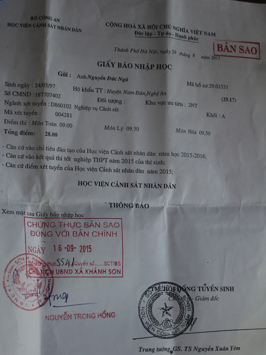 them mot thi sinh truot dai hoc nganh cong an vi an tich