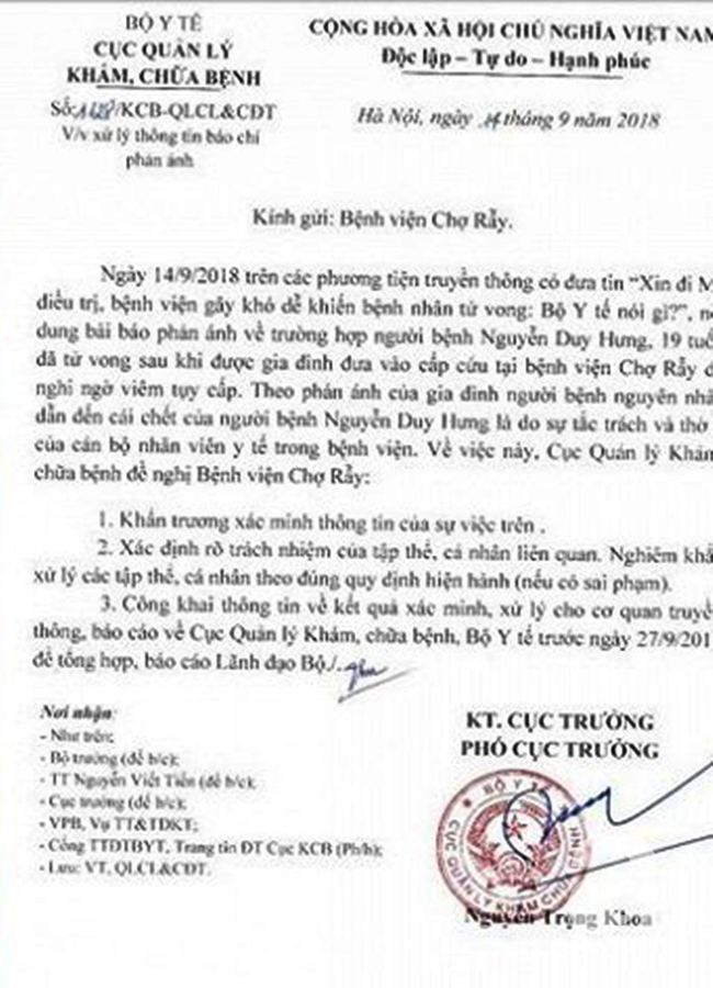 vu benh nhan 19 tuoi tu vong tai bv cho ray bac si nguoi nha xin loi nguoi me phan bac