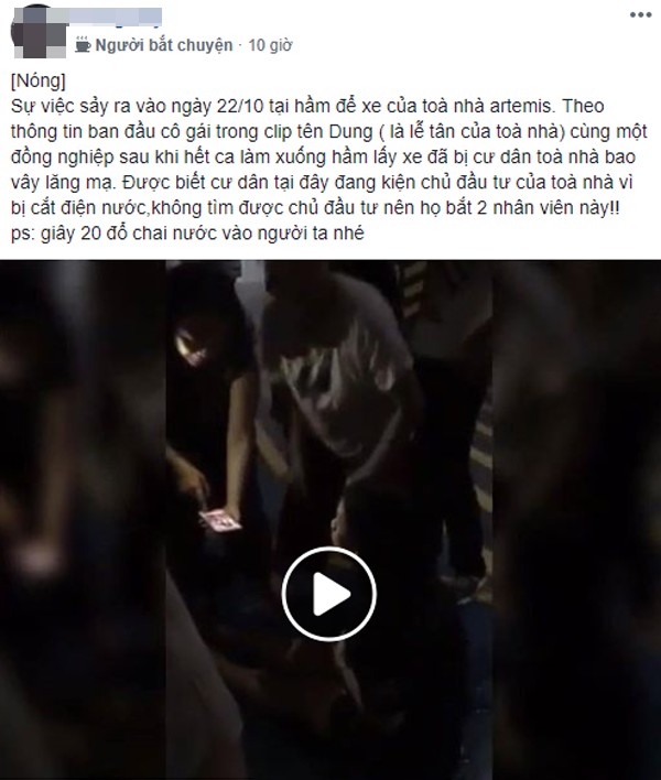 ha noi nghi van nu nhan vien toa nha bi cu dan lang ma do nuoc len nguoi duoi tang ham