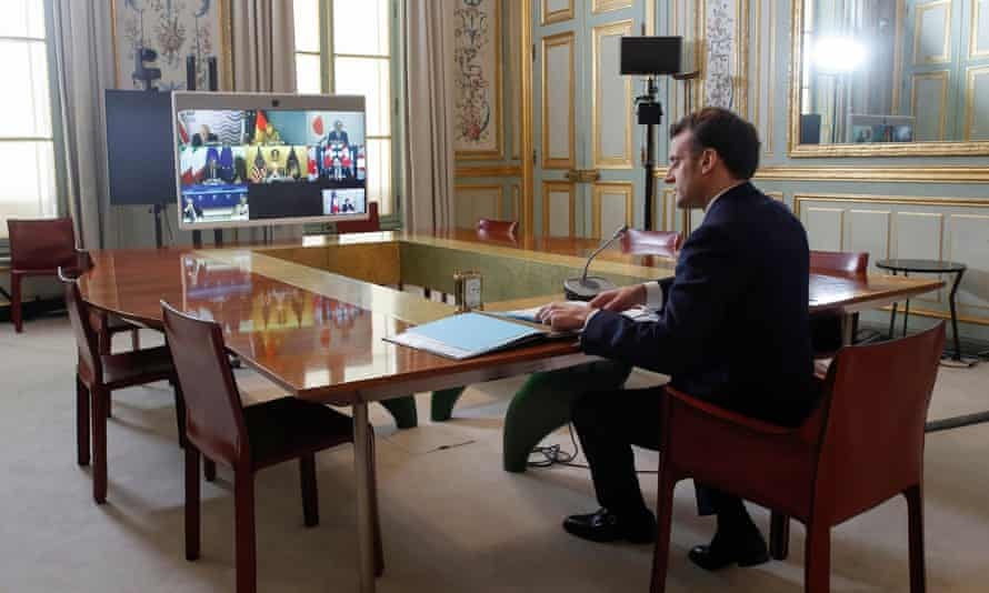 Tổng thống Pháp Emmanuel Macron tham dự cuộc họp trực tuyến với các nước G7. Ảnh: Reuters Tổng thống Pháp Emmanuel Macron tham dự cuộc họp trực tuyến với các nước G7. Ảnh: Reuters