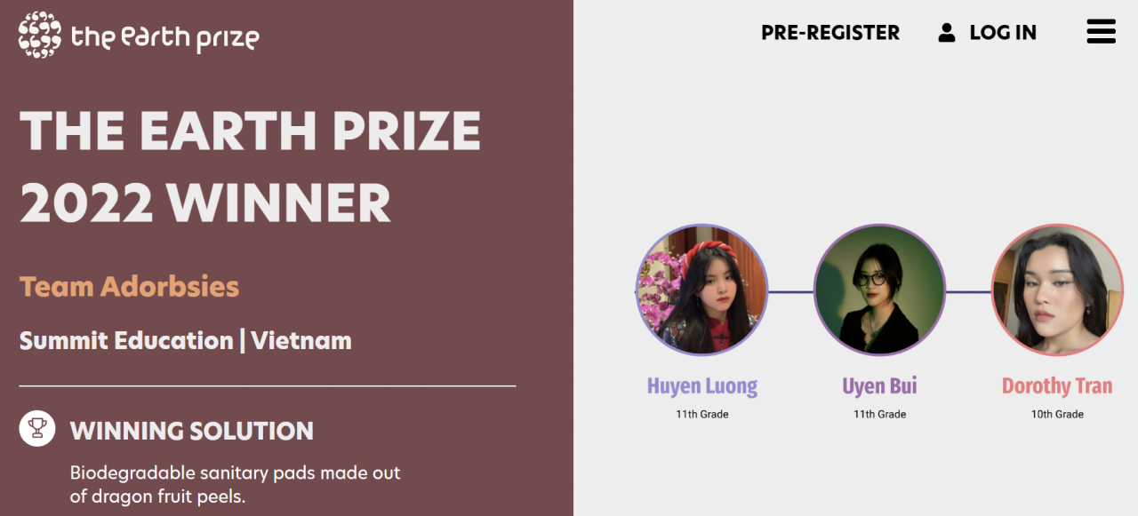 Thông tin và hình ảnh về đội thi đạt giải Nhất đến từ Việt Nam trên website của BTC cuộc thi Earth Prize 2022 - Ảnh chụp màn hình website The Earth Prize Thông tin và hình ảnh về đội thi đạt giải Nhất đến từ Việt Nam trên website của BTC cuộc thi Earth Prize 2022 - Ảnh chụp màn hình website The Earth Prize