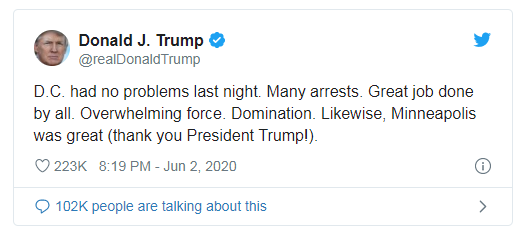 Tổng thống Trump tự cảm ơn bản thân vì cách ứng phó bạo loạn trump tu cam on ban than vi ca ch u ng pho ba o loa n