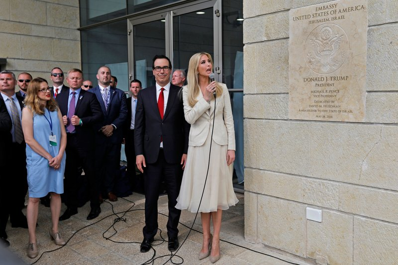 Treasury Secretary Steve Mnuchin and Ivanka Trump unveil an inauguration plaque during the opening of the U.S. Embassy in Jerusalem on May 14, 2018. 2159 an3