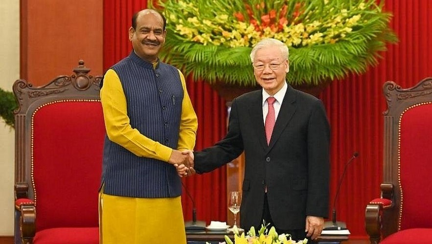 Lok Sabha Speaker Om Birla (L) with Secretary-General of the Communist Party of Vietnam Nguyen Phu Trong