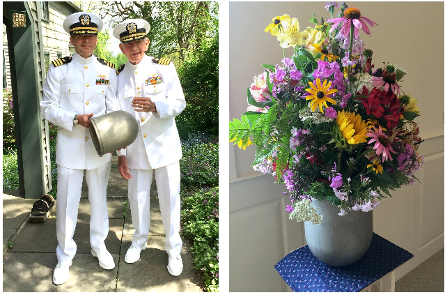 LEFT: Navy veterans Tom Wilber and his father Gene Wilber just before participating in the 2015 Memorial Day parade. RIGHT: The bullet nose from Navy pilot Gene Wilber's downed jet fighter repurposed as a flower pot at his funeral service on July 15, 2015. FAMILY PHOTO LEFT: Navy veterans Tom Wilber and his father Gene Wilber just before participating in the 2015 Memorial Day parade. RIGHT: The bullet nose from Navy pilot Gene Wilber's downed jet fighter repurposed as a flower pot at his funeral service on July 15, 2015. FAMILY PHOTO