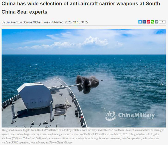 The Global Times page published an article warning the US on anti-aircraft carrier weapons of Beijing. Below the headline is a picture of a Chinese warship firing at simulated targets during a South China Sea exercise in March 2020 - Screenshot 3333 china1