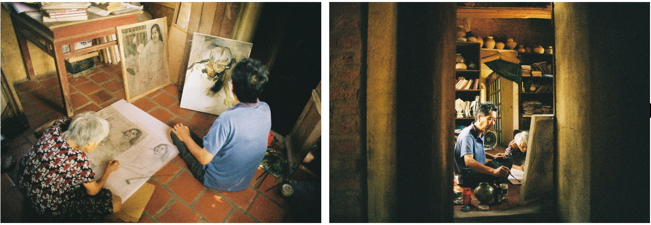 Mộng Bích and lacquer painter Tran Thanh in a painting session. Photos by Bùi Hoài Nam Sơn. 0859 mb4