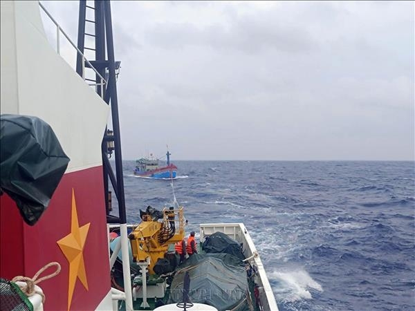 KN 462号船将BĐ-98387-TS号渔船（嘉莱省）及9名渔民拖带回西礁岛避风港。