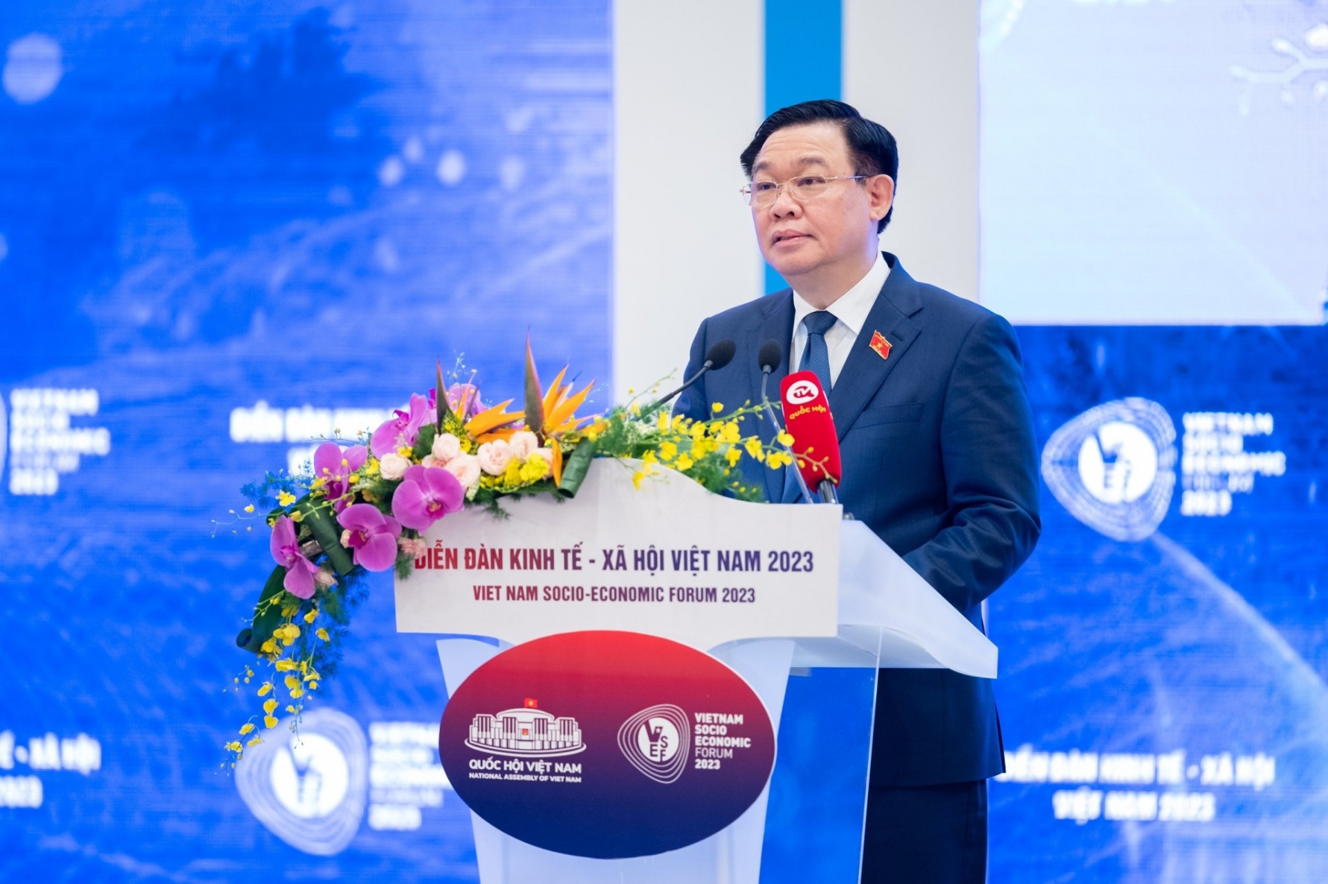 越南国会主席王廷惠在论坛上发表讲话。