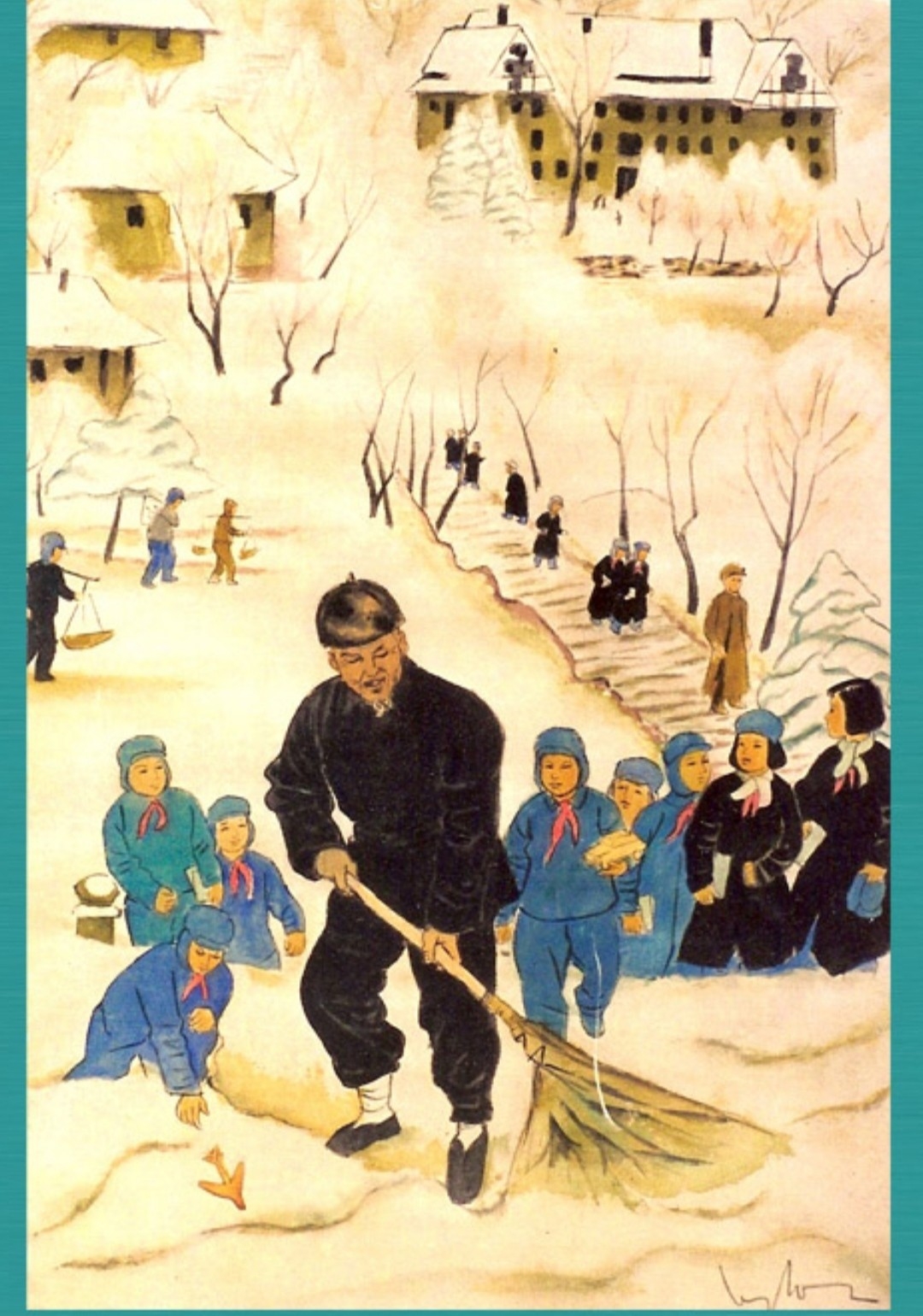 担任绘画老师的艺术家黎原利的一幅名为《扫雪的老人》的画。 担任绘画老师的艺术家黎原利的一幅名为《扫雪的老人》的画。