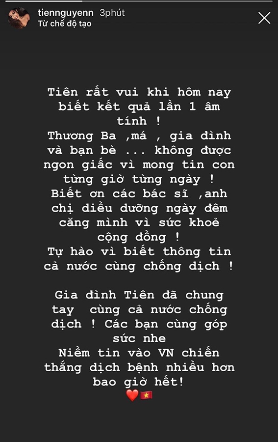 Tiên Nguyễn nói gì sau khi có kết quả xét nghiệm Covid-19 âm tính lần 1? tien nguyen noi gi sau khi co ket qua xet nghiem covid 19 am tinh lan 1