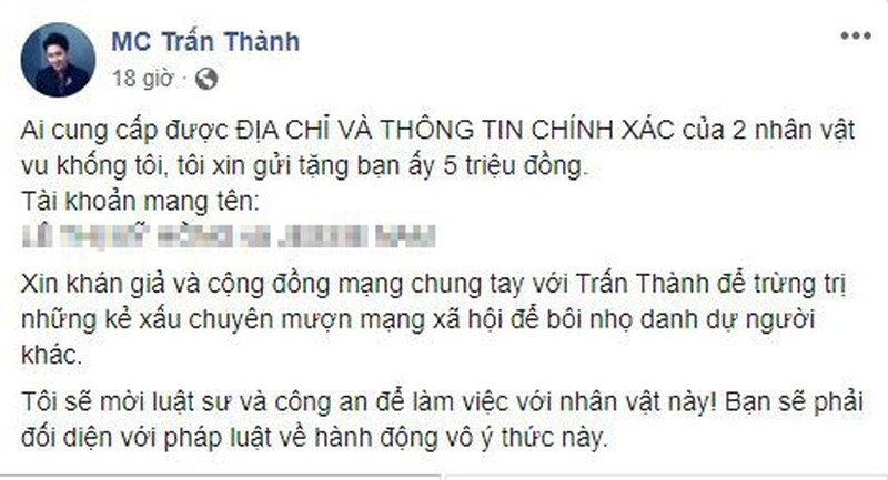 Người tung tin 'bôi nhọ' Trấn Thành đã lộ diện, lên tiếng xin lỗi nam MC nguoi tung tin boi nho tran thanh da lo dien xin loi nhung nam mc khong bo qua
