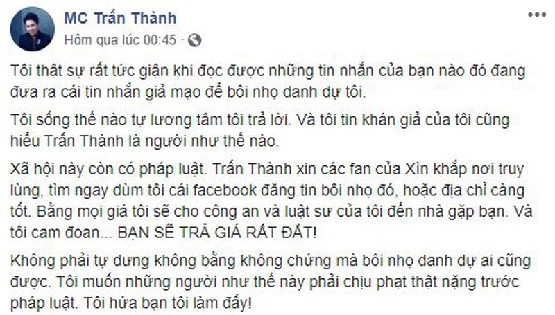 Người tung tin 'bôi nhọ' Trấn Thành đã lộ diện, lên tiếng xin lỗi nam MC nguoi tung tin boi nho tran thanh da lo dien xin loi nhung nam mc khong bo qua
