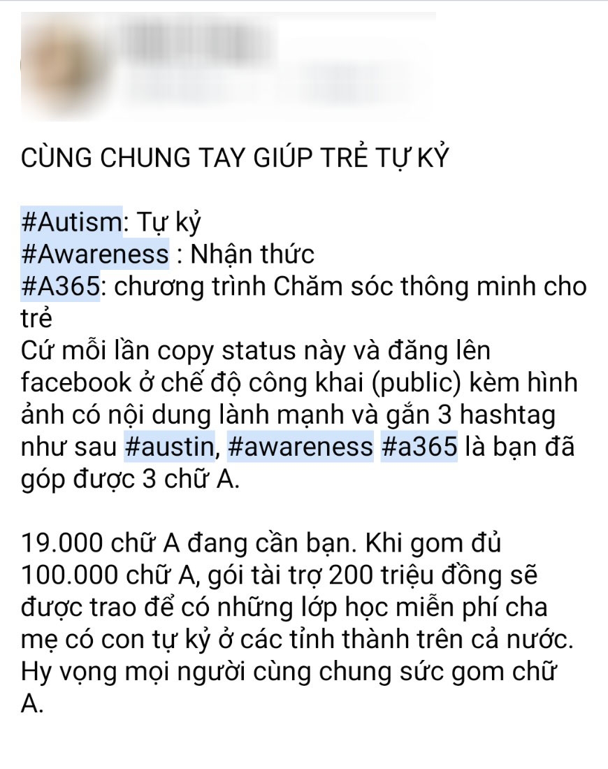 Cộng đồng mạng chung tay ủng hộ 100.000 chữ A gây quỹ giúp đỡ trẻ em tự kỷ cu dan mang chung tay ung ho 100000 chu a gay quy giup do tre em tu ky