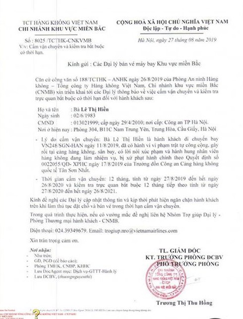 Đại lý bán vé máy bay được yêu cầu "ngăn chặn" bà Lê Thị Hiền sử dụng dịch vụ hàng không dai ly ban ve may bay duoc yeu cau ngan chan ba le thi hien su dung dich vu hang khong