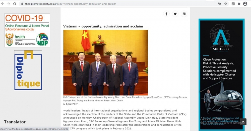 Bài báo của Nam Phi về kỳ vọng đối với các lãnh đạo chủ chốt của Việt Nam. Thế giới đánh giá cao ban lãnh đạo mới của Việt Nam