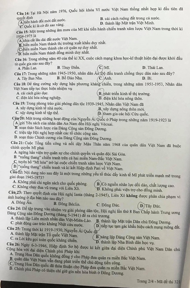 Gợi ý đáp án môn Lịch sử mã đề thi 321 tốt nghiệp THPT quốc gia 2020 goi y dap an mon lich su ma de thi 321 tot nghiep thpt quoc gia 2020