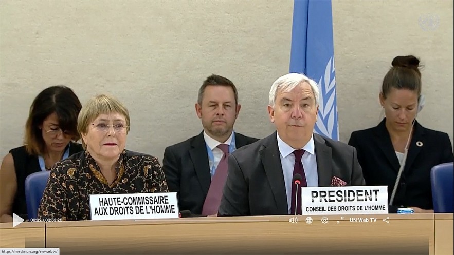 UN High Commissioner for Human Rights Michelle Bachelet (L) presents her annual report at the opening ceremony of the 50th session. Photo: UN video screenshot. UN High Commissioner for Human Rights Michelle Bachelet (L) presents her annual report at the opening ceremony of the 50th session. Photo: UN video screenshot.